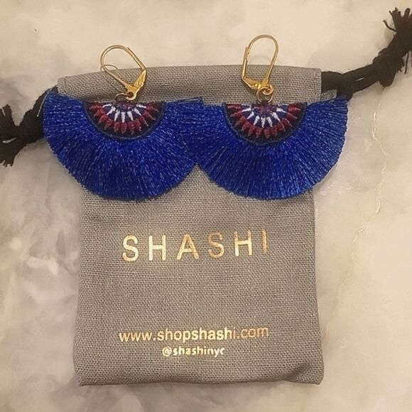 NWT Shashi Sophie Blue Earrings Fringe Woven Boho Embroidered Fan Tassel Gold - Picture 1 of 4